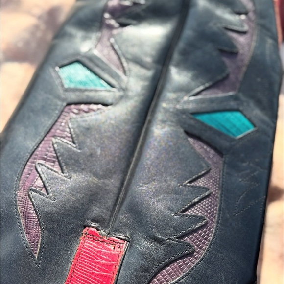 Vintage Red & Black Western Cowboy Boots w/ Teal Inlay – Women’s 8 - Picture 3 of 7